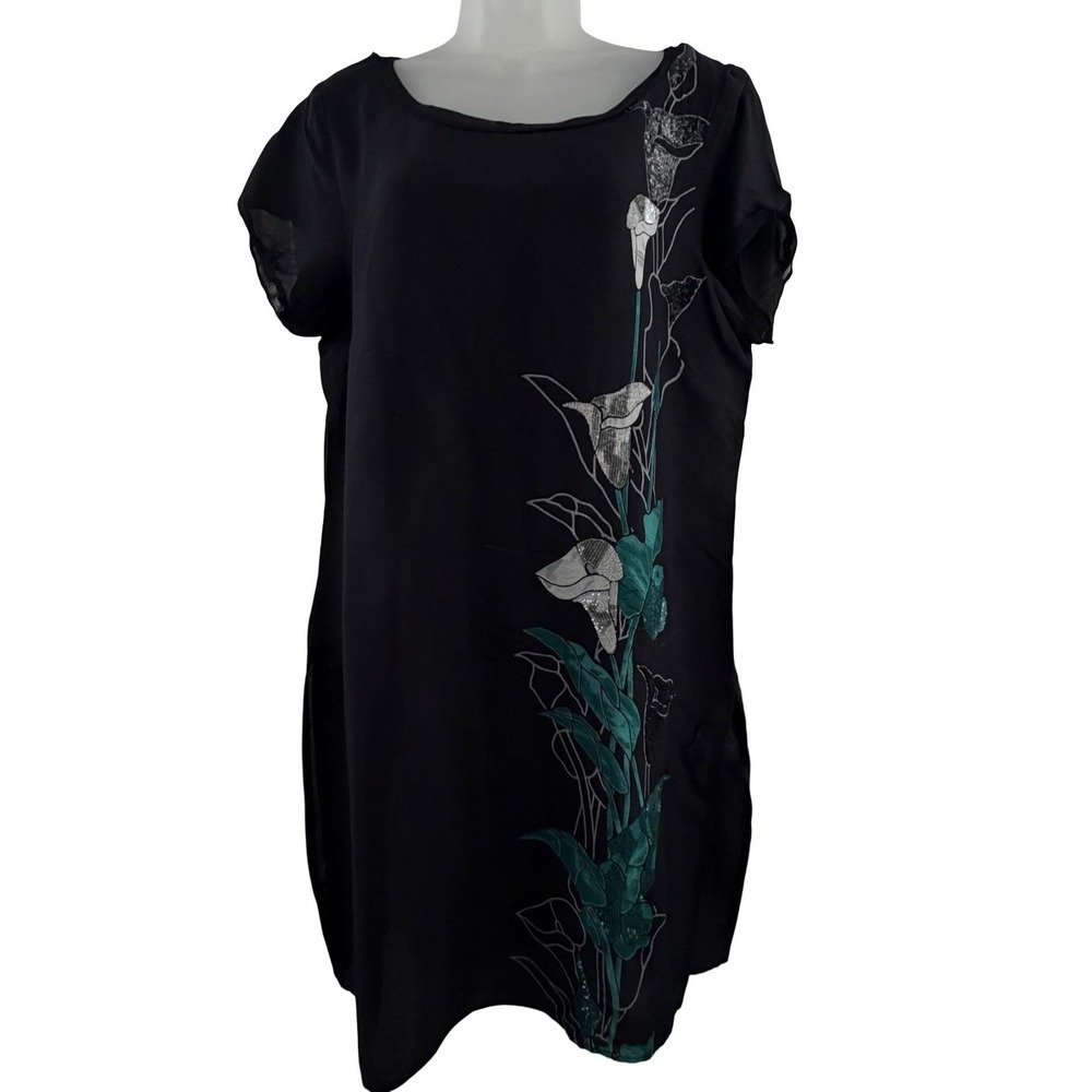 Wishful Dress Womens 18 Black Floral Sequin Short Sleeve T Shirt Shift